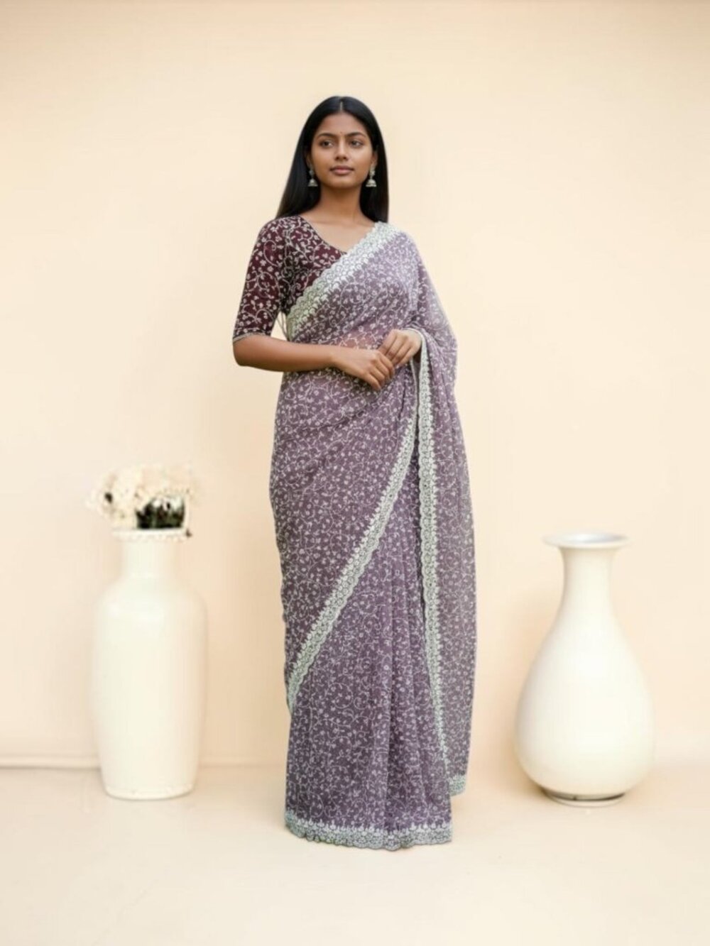 Lucknowi Work Traditional Saree with Ready Blouse, Cultural Wear for Women